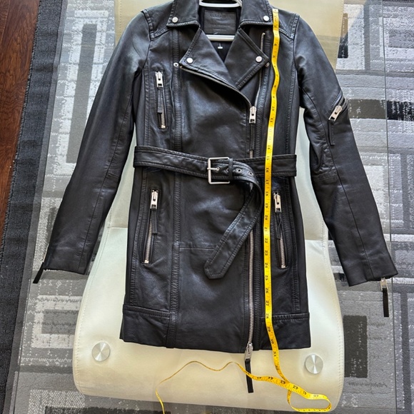 AllSaints Asker black Leather biker jacket trench leather jacket size 0 - Picture 10 of 14